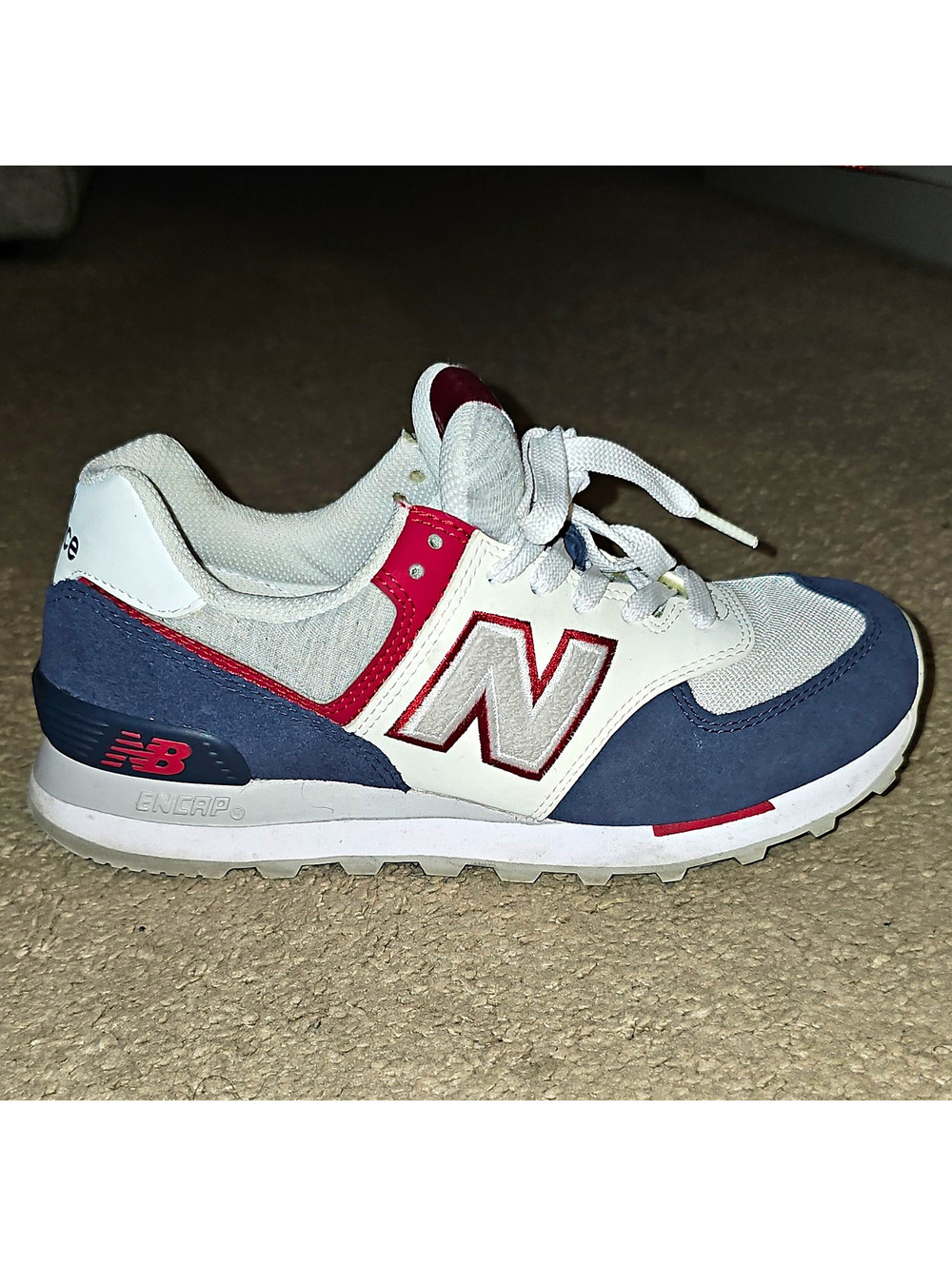 New Balance 574 WL574VAB Low Top Lace-Up Athletic Sneakers White Blue Red